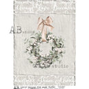 A4 rice paper design that features a country wreath against a distressed gray backdrop with Christmas words bordering the top and bottom is against a white background.