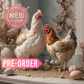 Closeup of AB Studio Farmhouse Hens & Eggs A4 rice decoupage paper featuring two farmhouse hens with speckled eggs