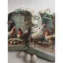 AB Studio Farmhouse Hens & Eggs A4 rice decoupage paper shown on rustic cutting boards with hens and speckled eggs
