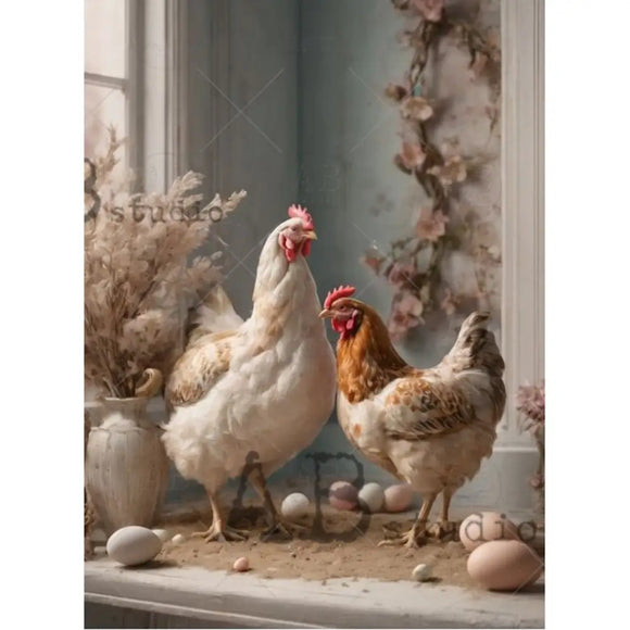 AB Studio Farmhouse Hens & Eggs A4 rice decoupage paper sheet with two vintage-style hens and speckled eggs in a farmhouse scene