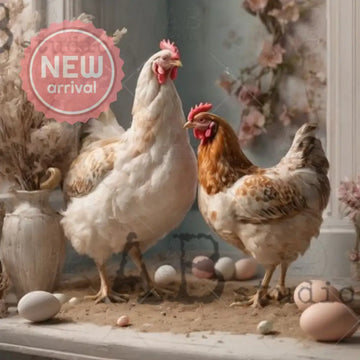 Closeup of AB Studio Farmhouse Hens & Eggs A4 rice decoupage paper featuring two farmhouse hens with speckled eggs