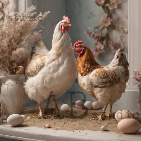 Closeup of AB Studio Farmhouse Hens & Eggs A4 rice decoupage paper featuring two farmhouse hens with speckled eggs