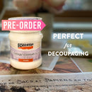 A container of Pentart Matte Decoupage Varnish & Glue sits on decoupage papers on a table. To the right is white text that reads: Perfect for decoupaging.