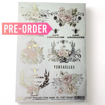 An A4 rice decoupage paper featuring floral designs, birdcages, and French writing highlighted with foil gilding is against a white background.