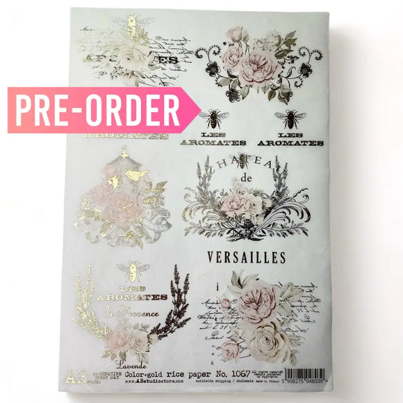 An A4 rice decoupage paper featuring floral designs, birdcages, and French writing highlighted with foil gilding is against a white background.