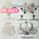 Close-up of an A4 rice decoupage paper featuring floral designs, birdcages, and French writing highlighted with foil gilding.