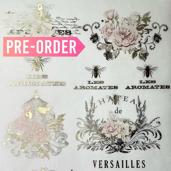 Close-up of an A4 rice decoupage paper featuring floral designs, birdcages, and French writing highlighted with foil gilding.