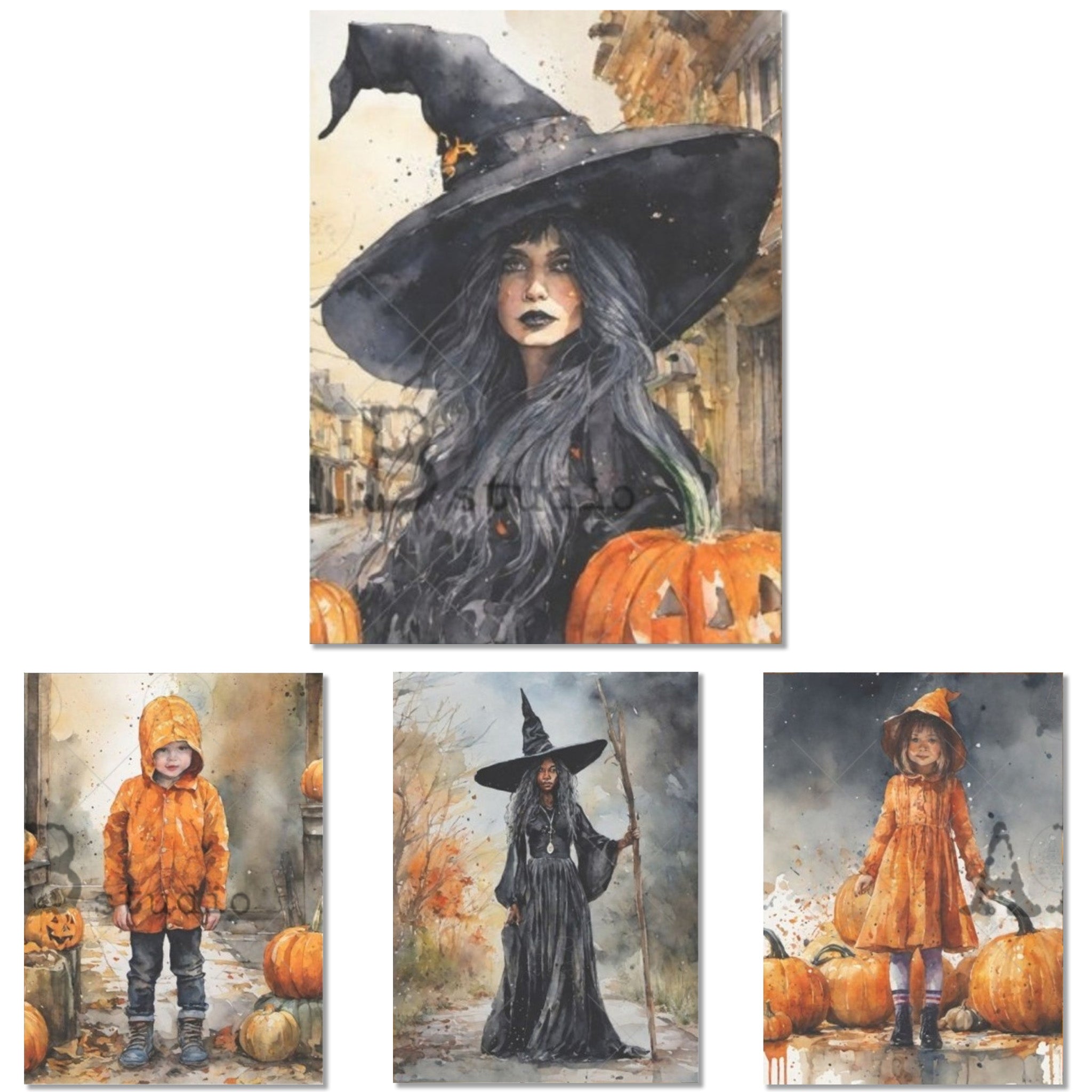 A4 rice papers that feature four unique portraits of beautiful witches surrounded by stunning Fall scenes area against a white background.