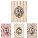 A4 rice papers that feature charming designs of baby chicks, bunnies, and a rabbit in a suit against floral wallpaper are against a white background.
