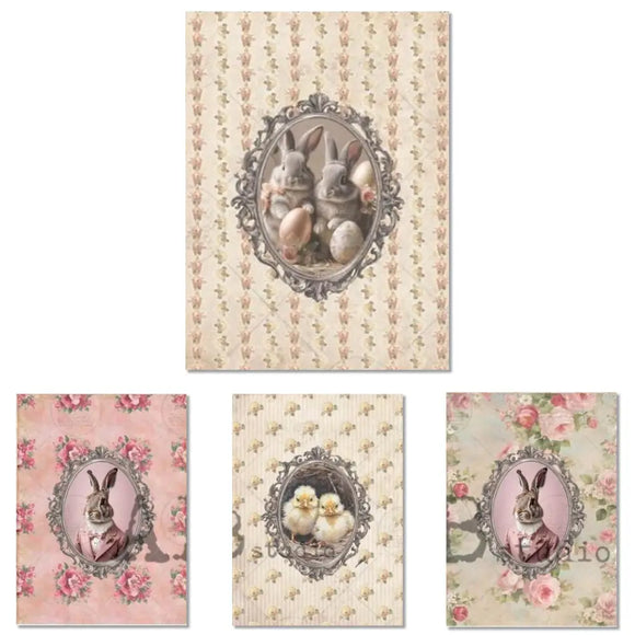A4 rice papers that feature charming designs of baby chicks, bunnies, and a rabbit in a suit against floral wallpaper are against a white background.