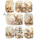 Rice paper that features 7 adorable images of bunnies, birds, flowers, and easter eggs is against a white background.