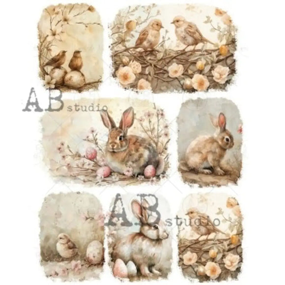 Rice paper that features 7 adorable images of bunnies, birds, flowers, and easter eggs is against a white background.