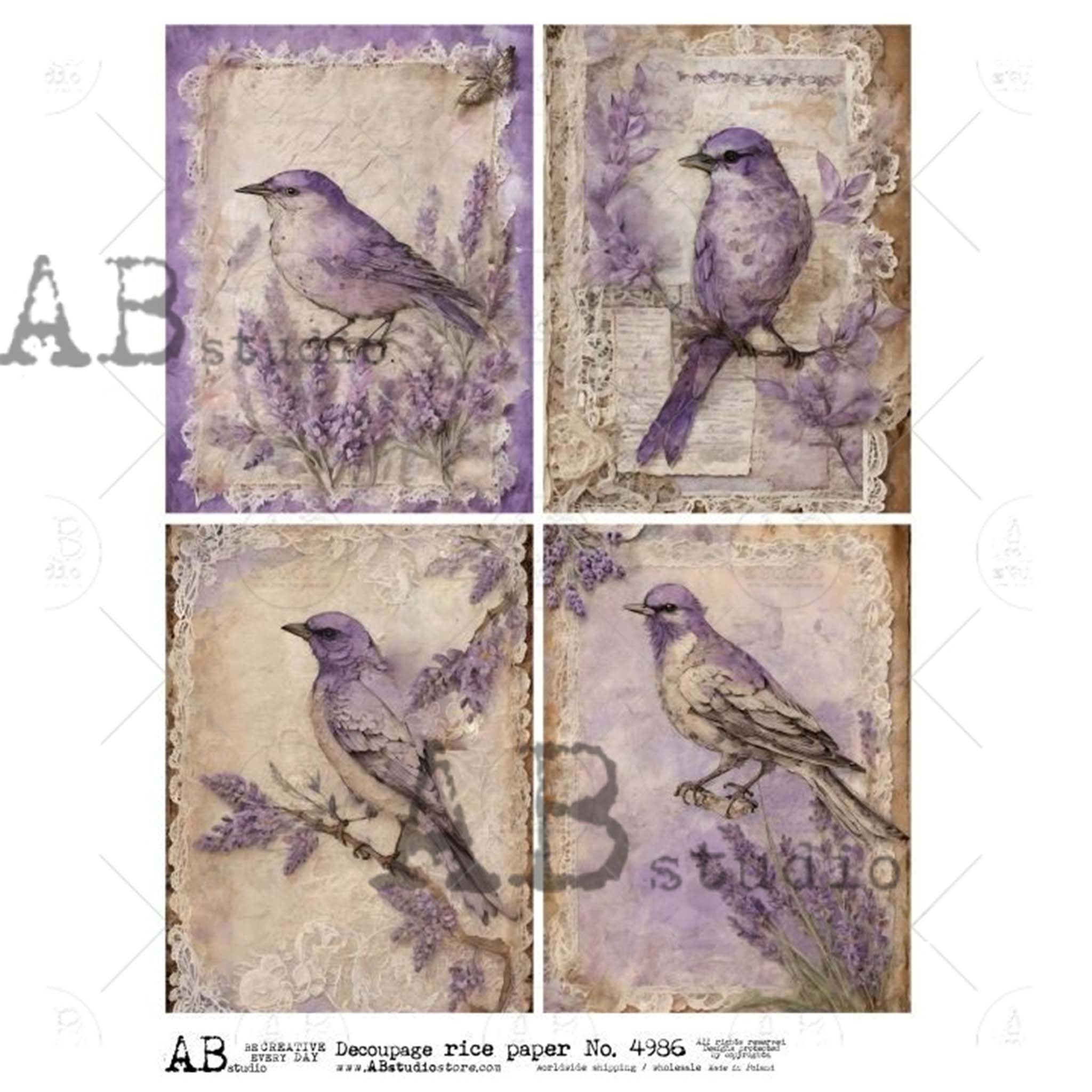 A4 rice paper design that features 4 designs of small birds with delicate lavender sprigs is against a white background.