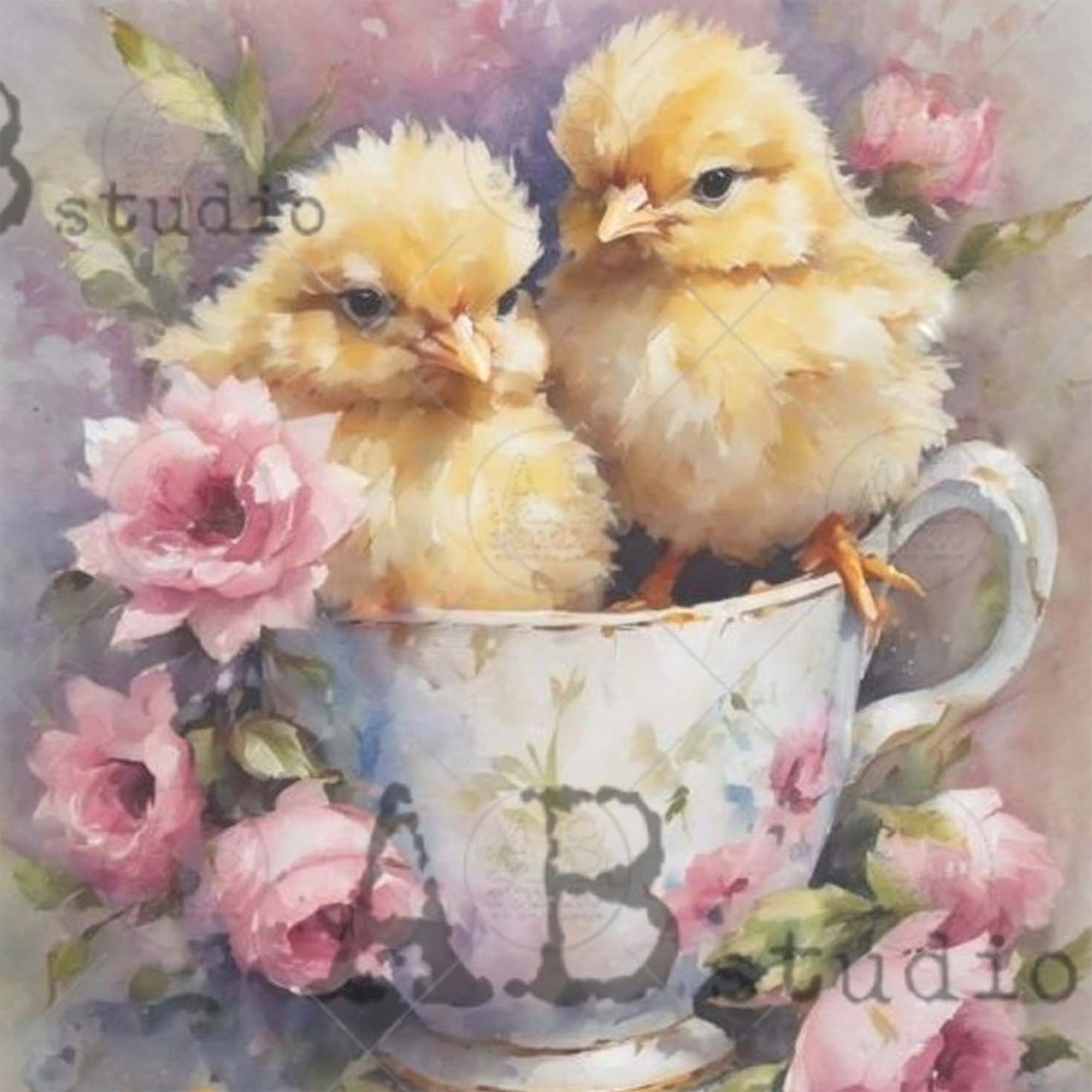 Close-up of an A4 rice paper design that features 2 cute yellow chicks nestled in a teacup, surrounded by sweet pink flowers and are against a white background.