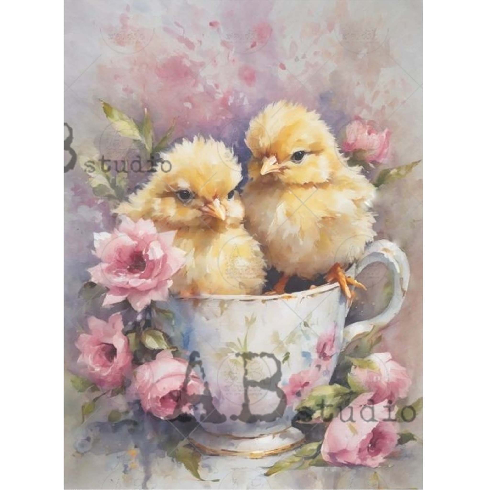 A4 rice paper design that features 2 cute yellow chicks nestled in a teacup, surrounded by sweet pink flowers and are against a white background.