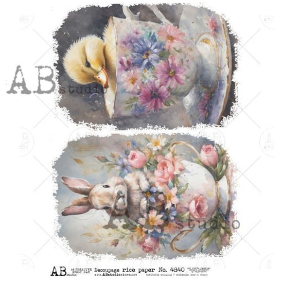A4 rice paper designs that features two charming designs - a bunny and a duckling in teacups, with lovely flower details are against a white background.