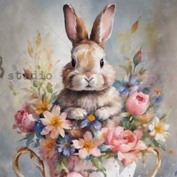 Close-up of an A4 rice paper design featuring a sweet bunny in a teacup surrounded by a bouquet of flowers.