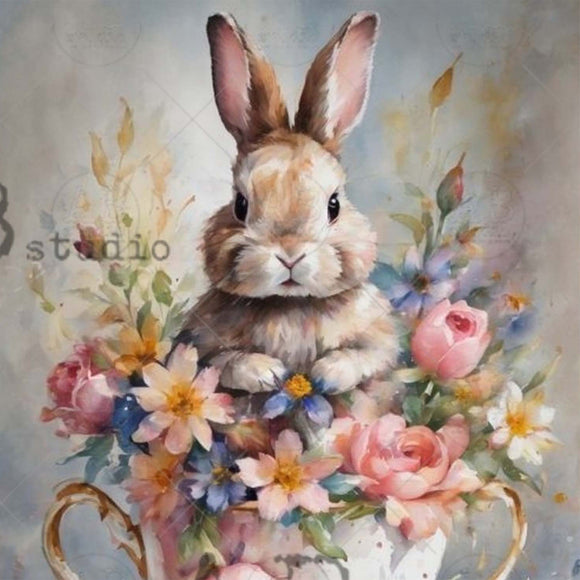 Close-up of an A4 rice paper design featuring a sweet bunny in a teacup surrounded by a bouquet of flowers.
