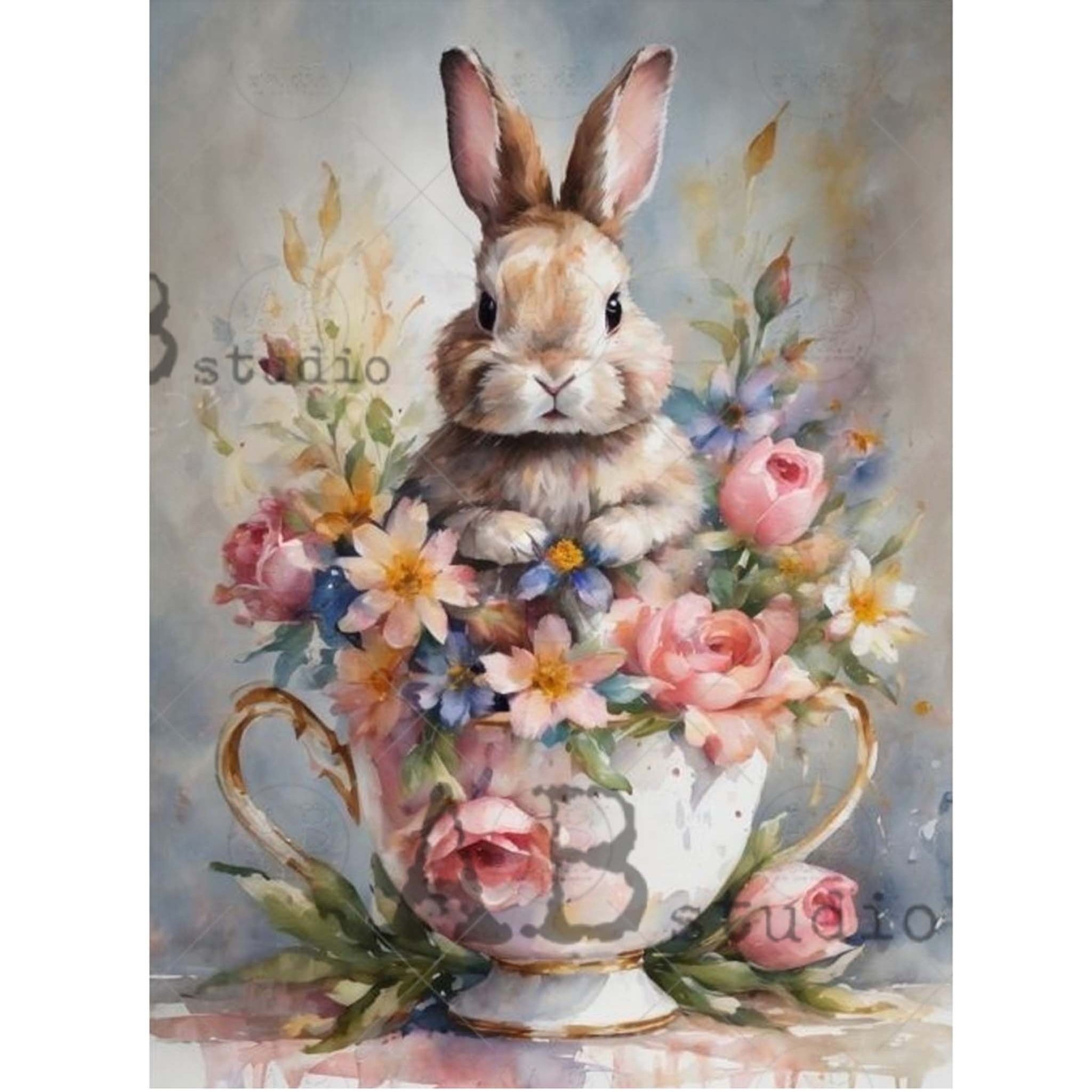 A4 rice paper design featuring a sweet bunny in a teacup surrounded by a bouquet of flowers. White borders on the sides.