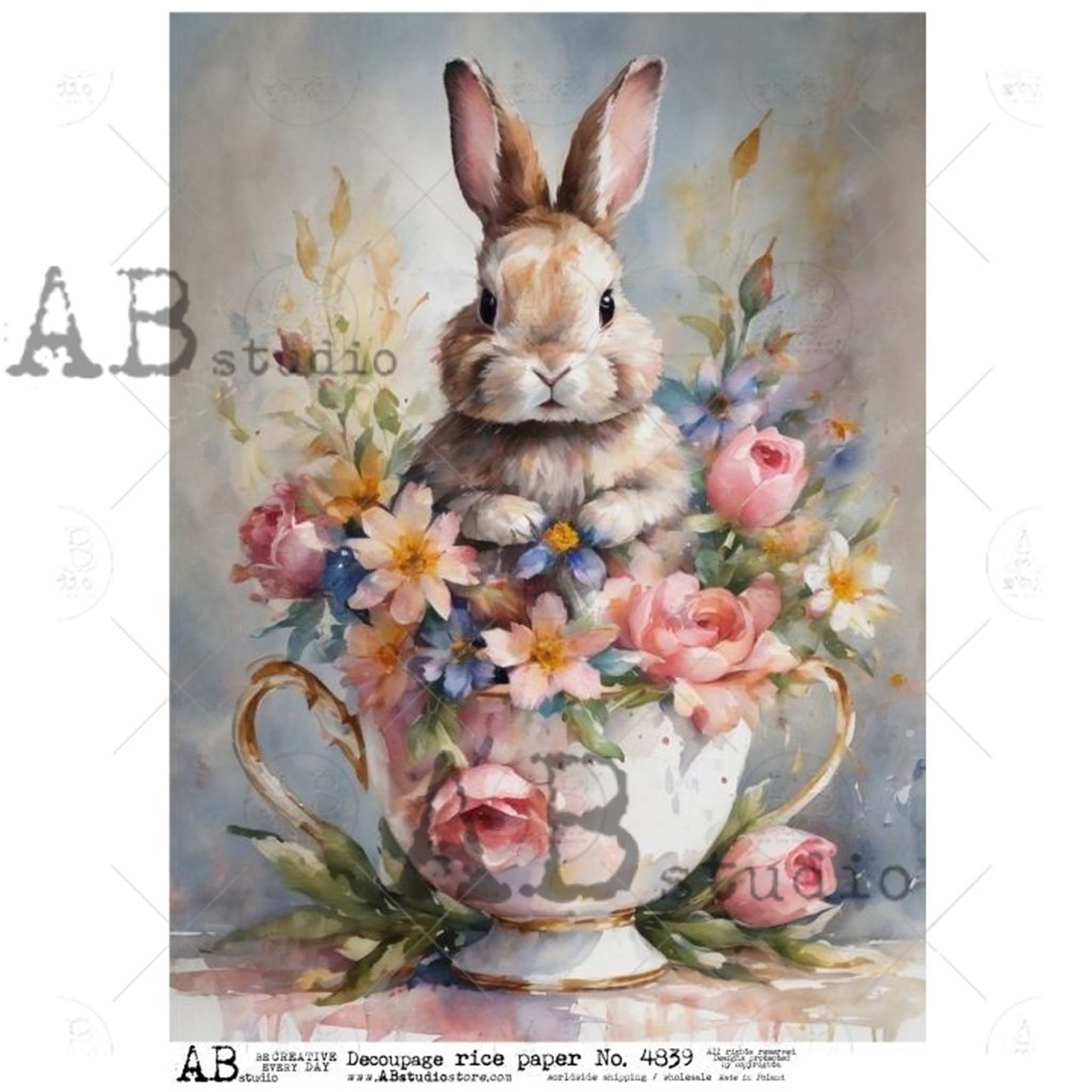 A4 rice paper design featuring a sweet bunny in a teacup surrounded by a bouquet of flowers. White borders on the sides.