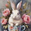 Close-up of an A4 rice paper design featuring a whimsical bunny in a teacup surrounded by pink roses.