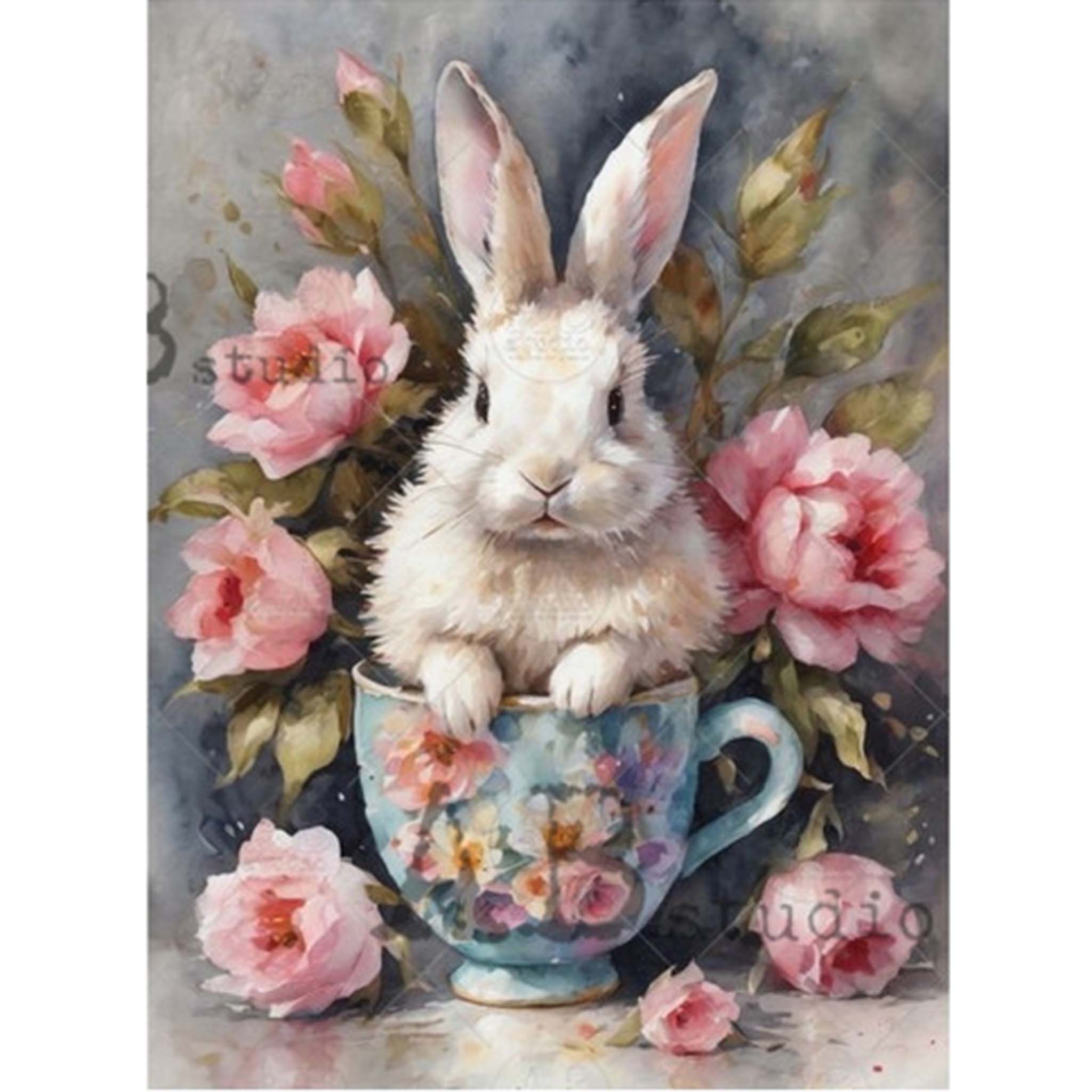 A4 rice paper design featuring a whimsical bunny in a teacup surrounded by pink roses. White borders are on the sides.