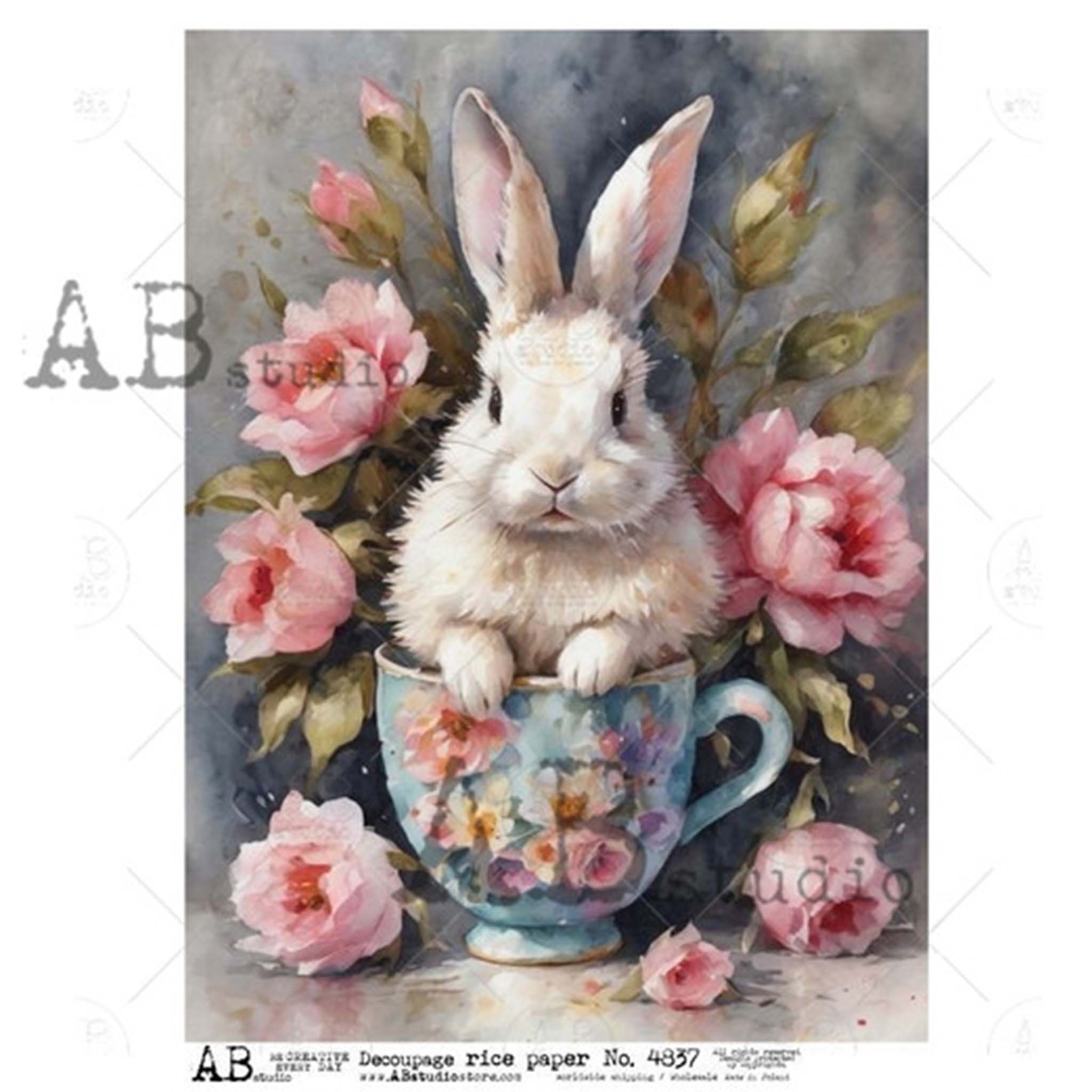 A4 rice paper design featuring a whimsical bunny in a teacup surrounded by pink roses. White borders are on the sides.