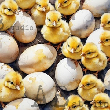 Closeup of AB Studio Easter chicks and eggs A4 rice decoupage paper design with fluffy yellow chicks and cracked eggshells