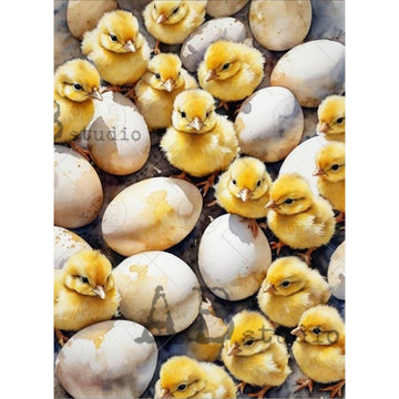 Full sheet AB Studio Easter chicks and eggs A4 rice decoupage paper, vintage spring design for card making and journaling