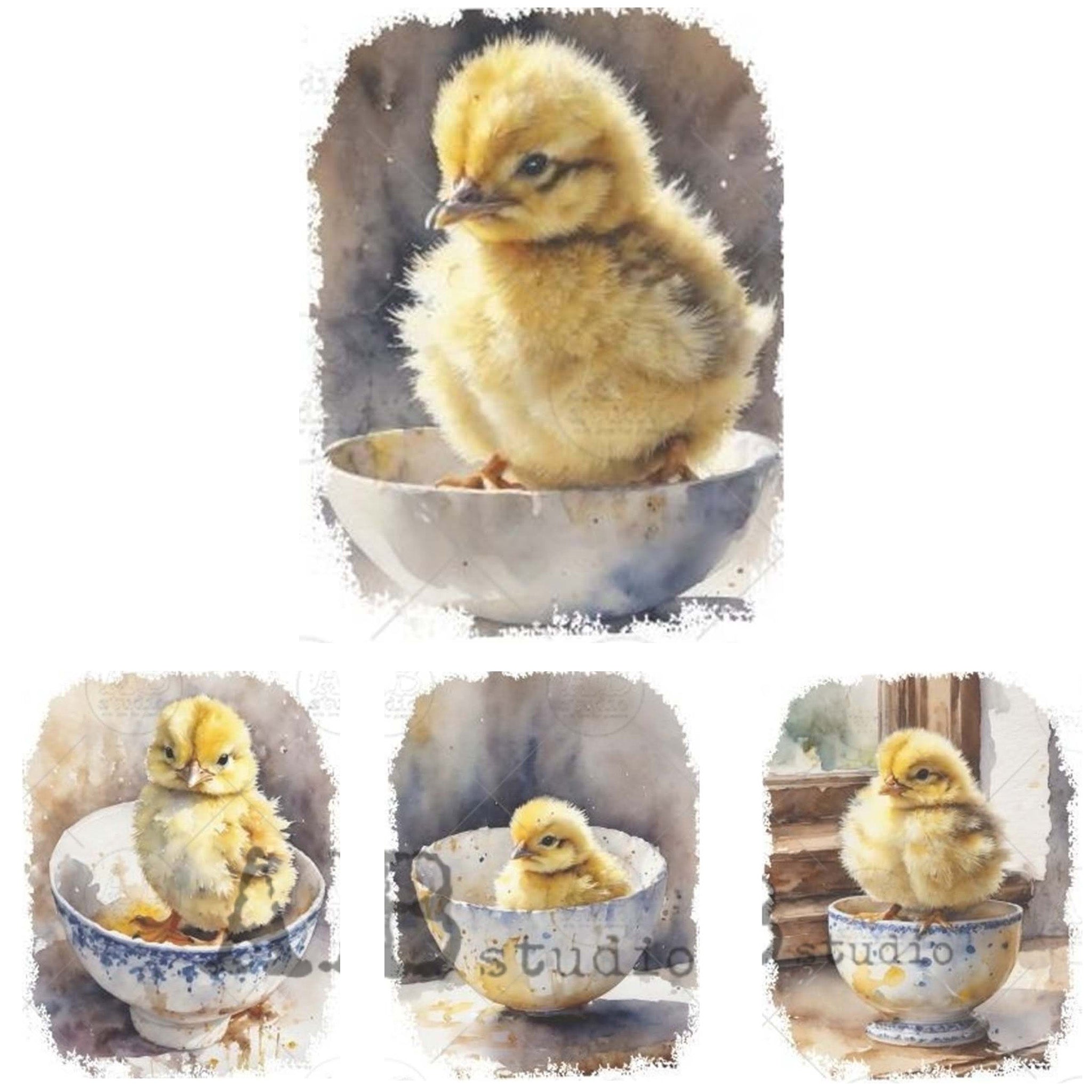 A4 rice paper design that features 4 adorable images of yellow chicks sitting in teacups are against a white background.