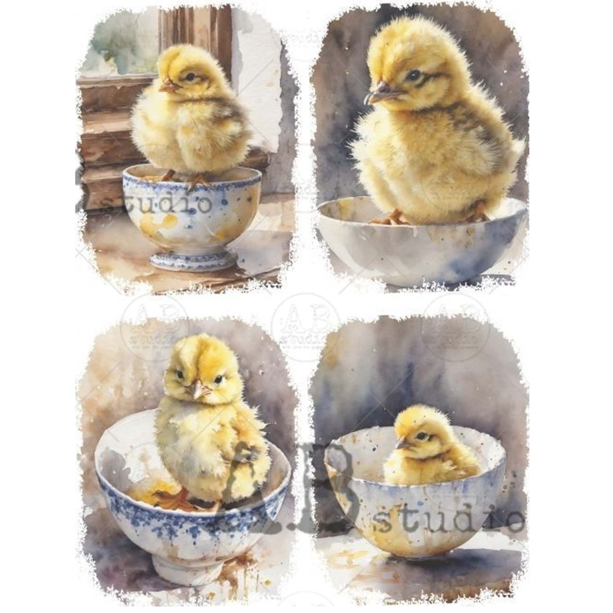 A4 rice paper design that features 4 adorable images of yellow chicks sitting in teacups are against a white background.