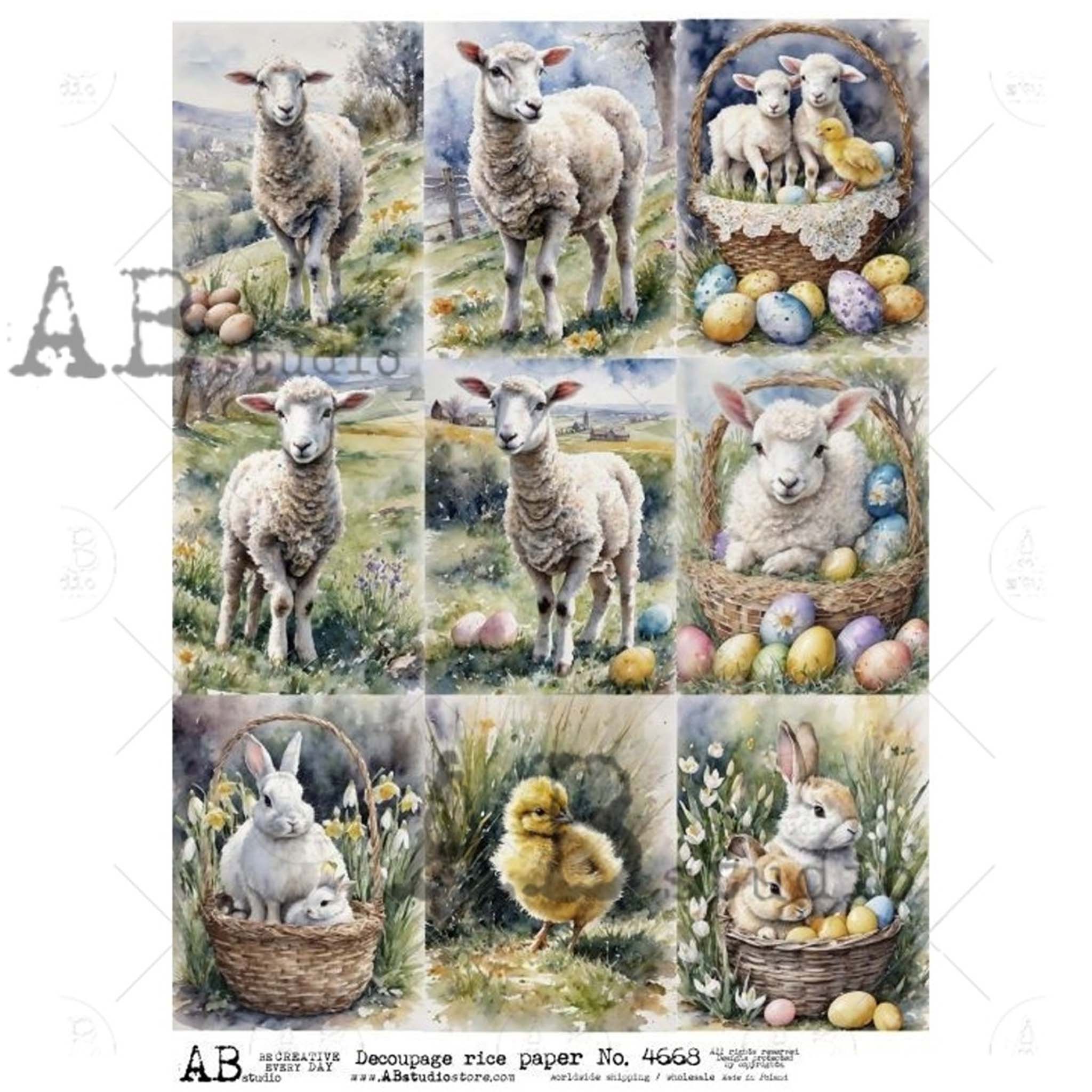 A4 rice paper design featuring adorable pictures of lambs, bunnies, and chicks in festive Easter scenes, complete with colorful eggs and baskets. White borders are on the sides.
