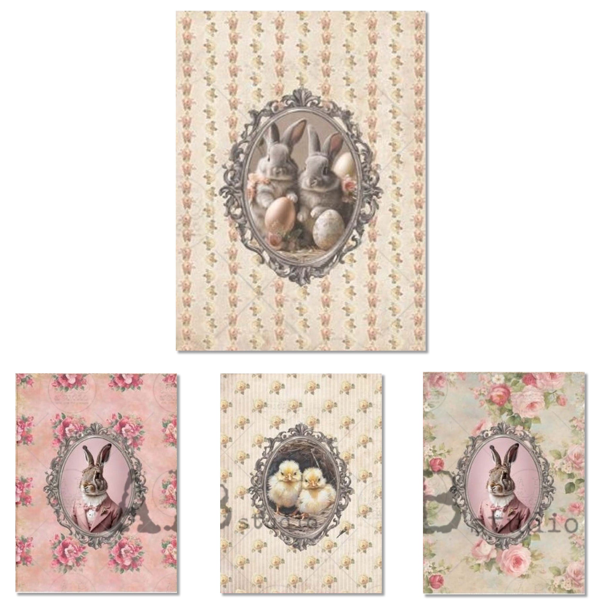 A4 rice papers that feature charming designs of baby chicks, bunnies, and a rabbit in a suit against floral wallpaper are against a white background.