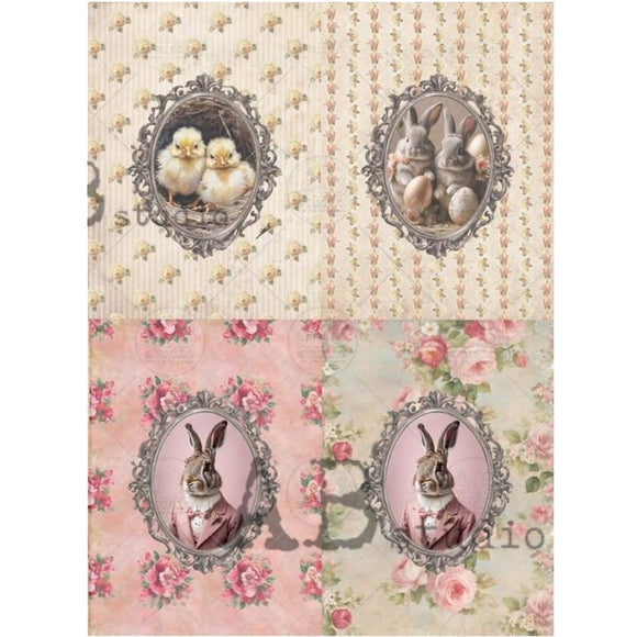 A4 rice paper design features charming designs of baby chicks, bunnies, and a rabbit in a suit against floral wallpaper. White borders are on the sides.