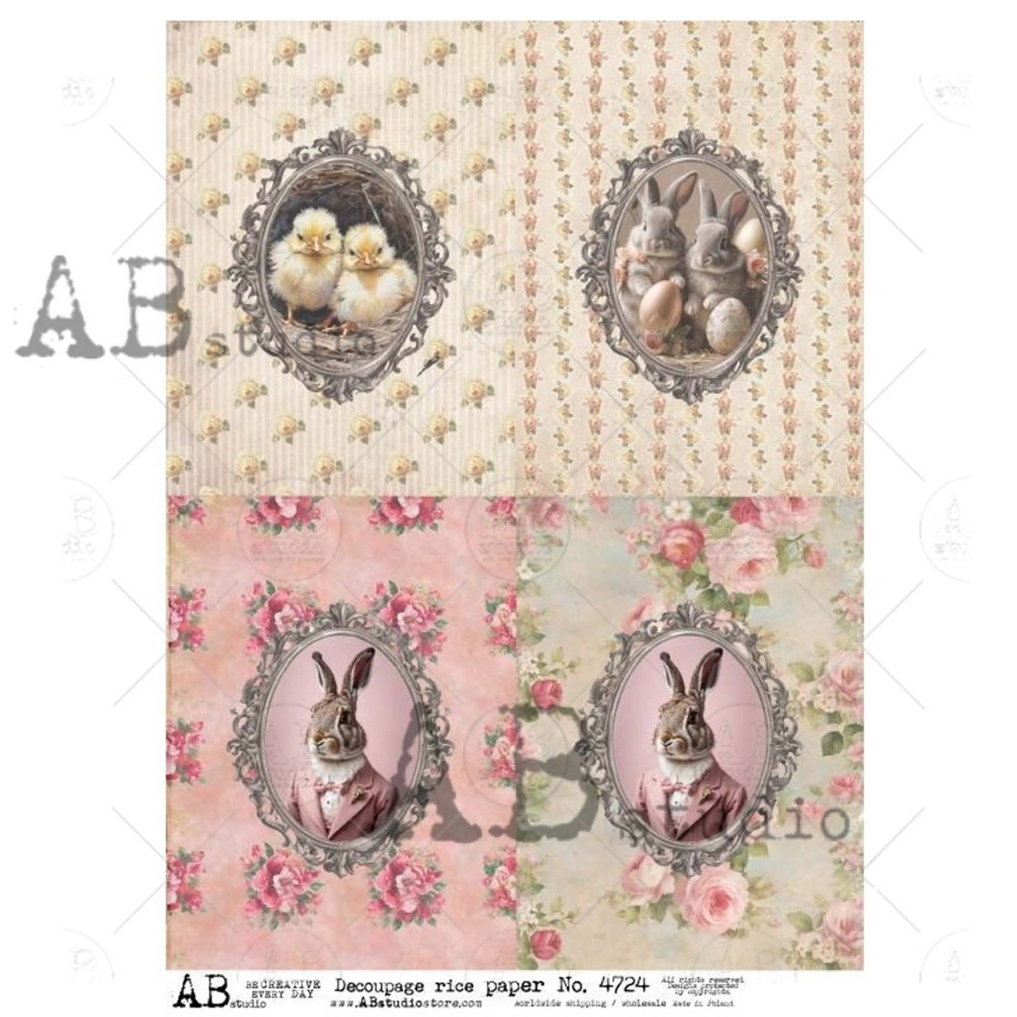 A4 rice paper design features charming designs of baby chicks, bunnies, and a rabbit in a suit against floral wallpaper. White borders are on the sides.