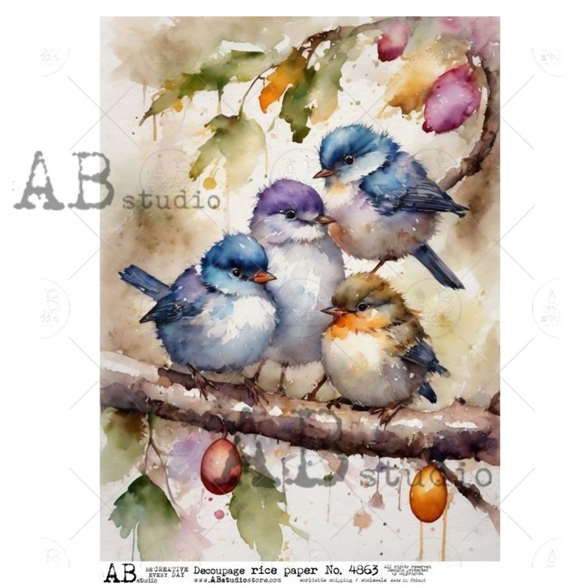 A4 rice paper design that features a beautiful watercolor image of 4 birds perched on a tree branch, surrounded by leaves. White borders are on the sides.
