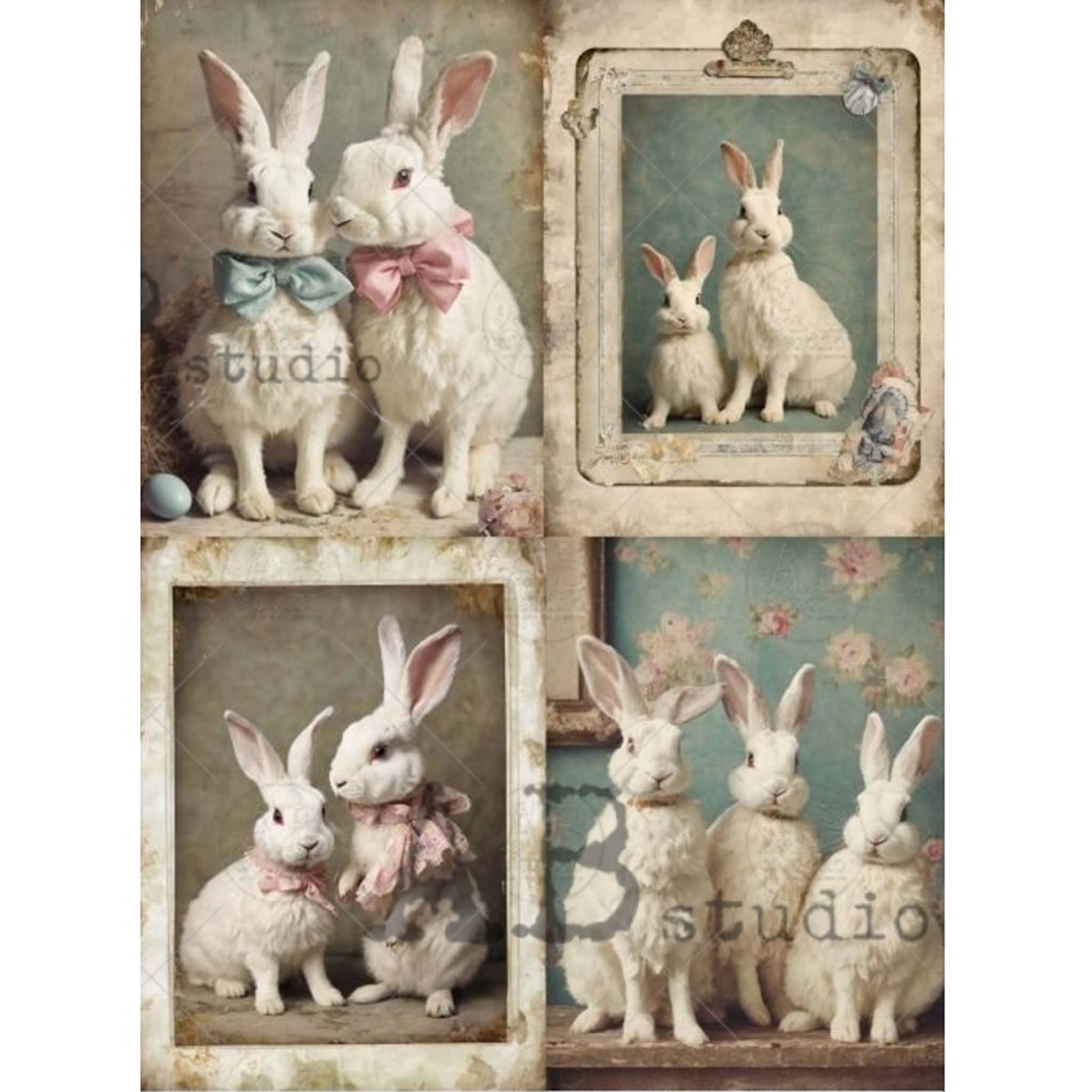 Close-up of an A4 rice paper design featuring 4 adorable bunny family portraits is against a white background.