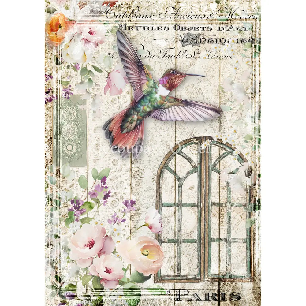 Rice paper that features a beautiful hummingbird design over a vintage document and surrounded by flowers. White borders are on the sides.