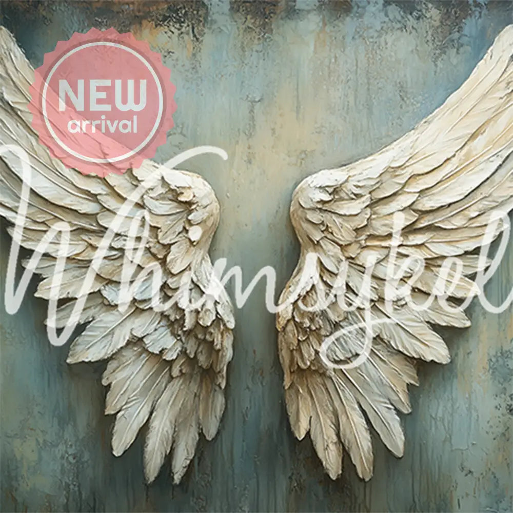 Close-up of a tissue paper featuring a large pair of white feathered angel wings against a light blue distressed background.