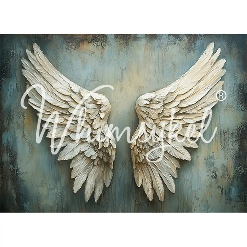 Tissue paper featuring a large pair of white feathered angel wings against a light blue distressed background. White borders are on the top and bottom.