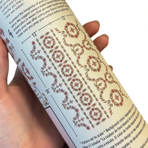 A tube of ReDesign with Prima's Annie Sloan Flower Garland rub-on transfer shows 2 sheets with measurements of 12" x 35" each.