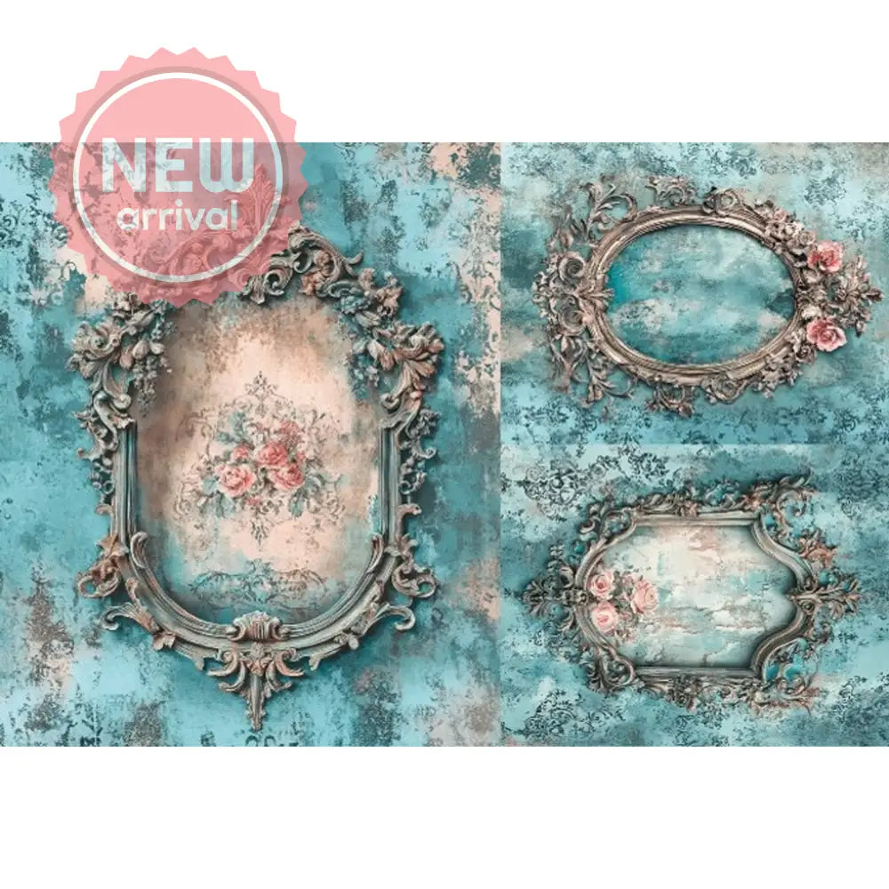 Rice paper showcasing 3 designs of ornate frames with delicate pink roses against a weathered damask blue backdrop. White borders are on the top and bottom.