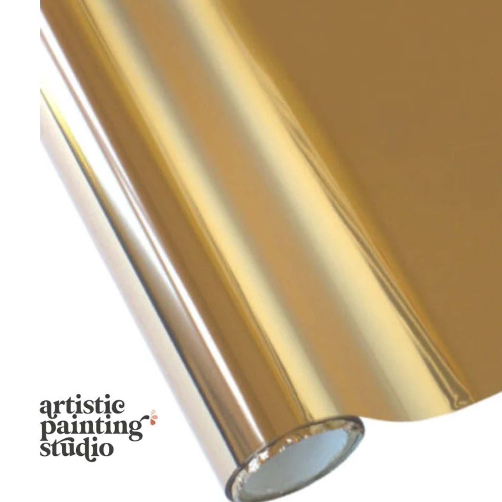 A roll of Artistic Painting Studio's Antique Gold metallic foil transfer is against a white background.