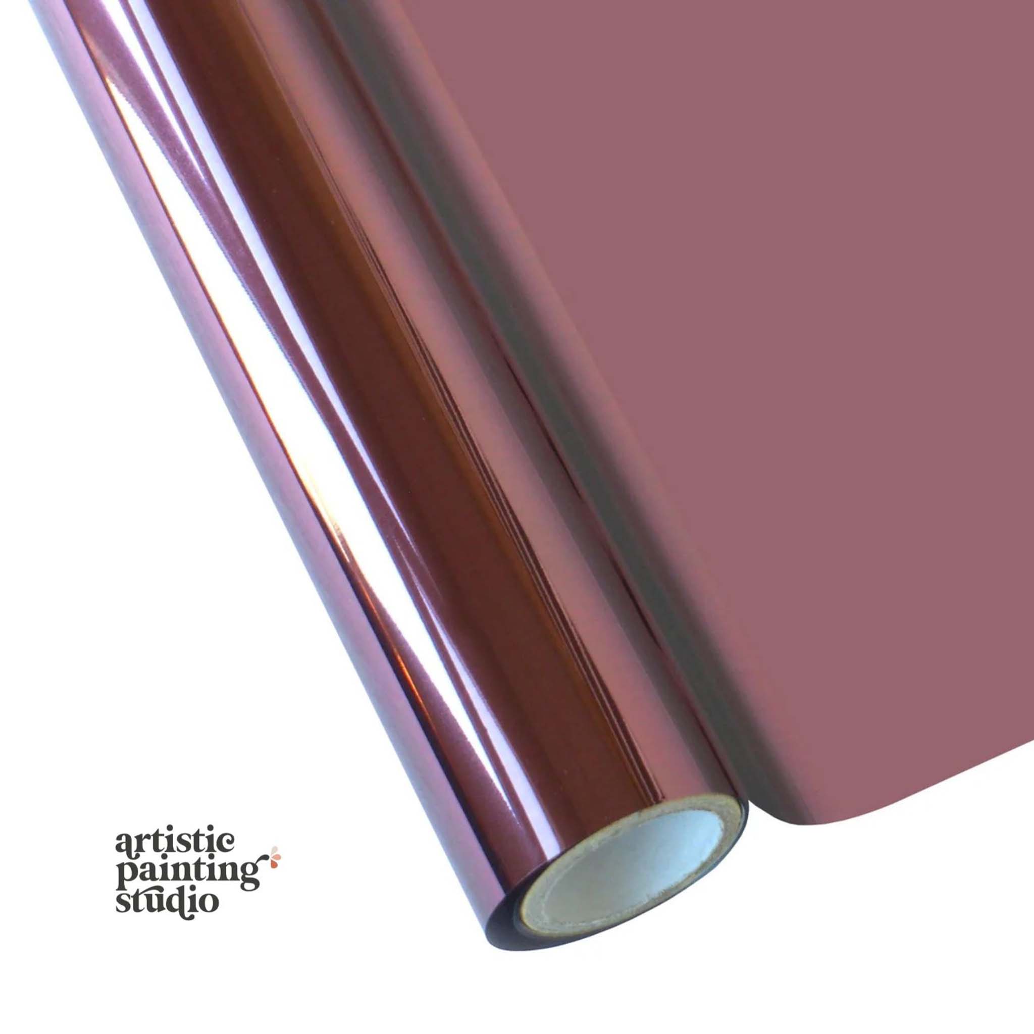 An open roll of a plum metallic foil transfer is against a white background.