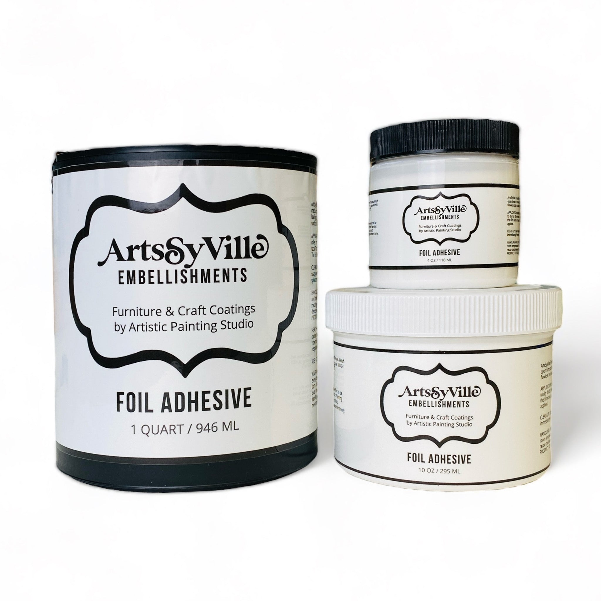 Three containers (1 quart, 10 ounce, and 4 ounce) of Artistic Painting Studio's Foil Adhesive are against a white background. 