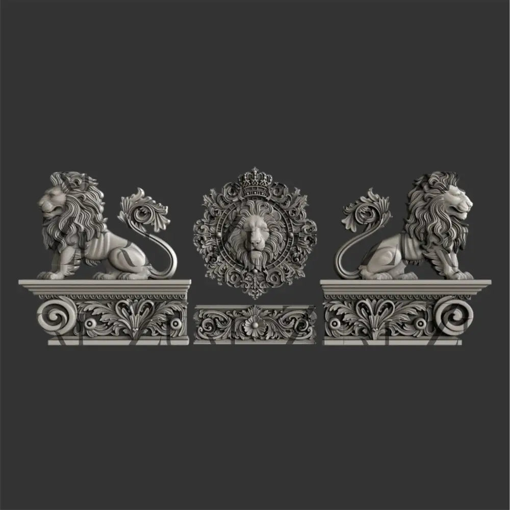 Silver colored silicone mold castings featuring two lion statues facing opposite directions, a lion's head in a frame, and a low baroque border are against a dark grey background.