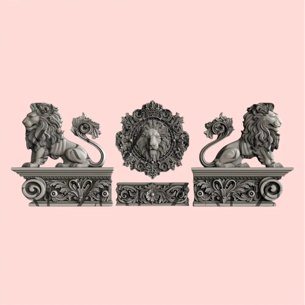 Silver colored silicone mold castings featuring two lion statues facing opposite directions, a lion's head in a frame, and a low baroque border are against a light pink background.