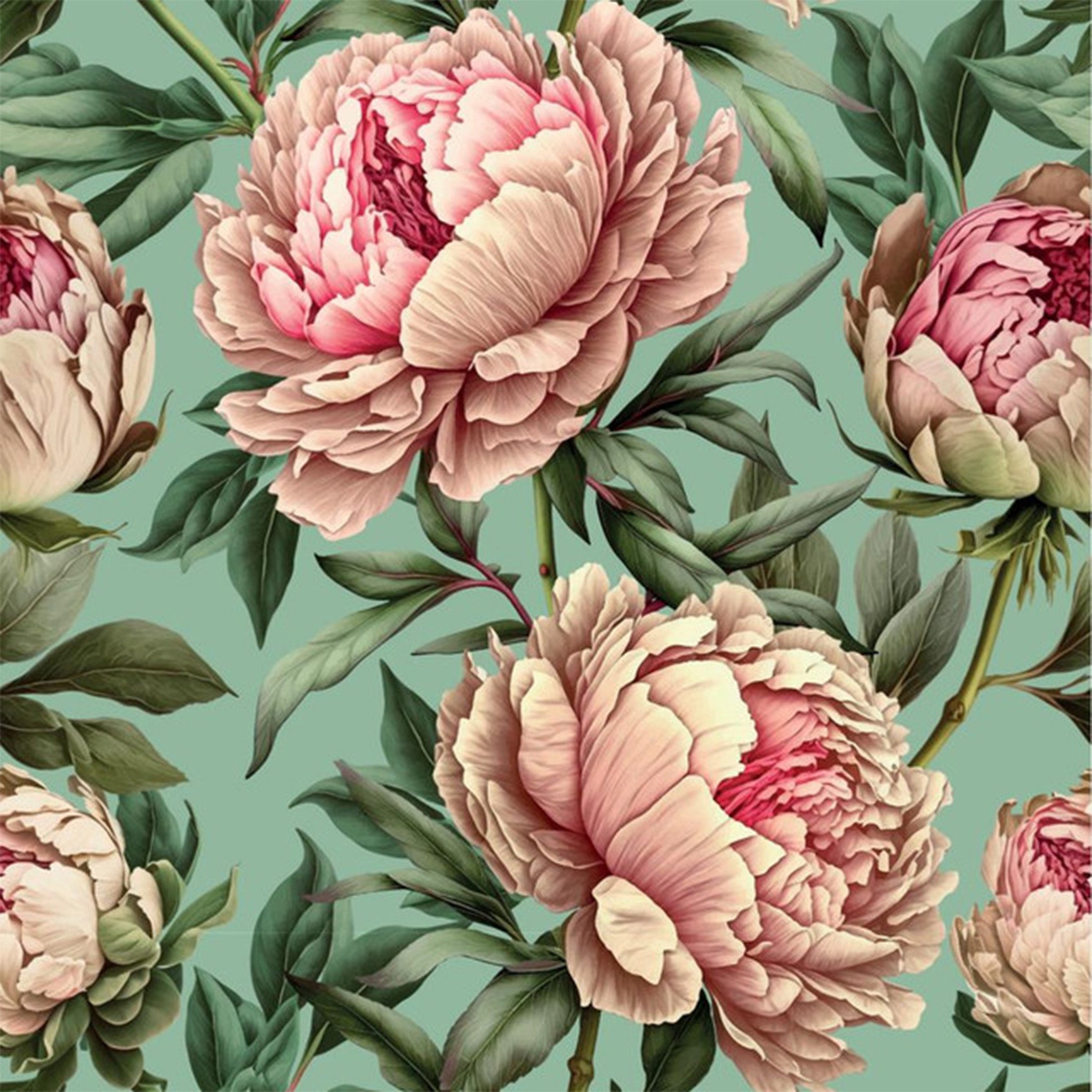 Close-up of a rice paper featuring a teal green backdrop and bold pink peonies bursting open.