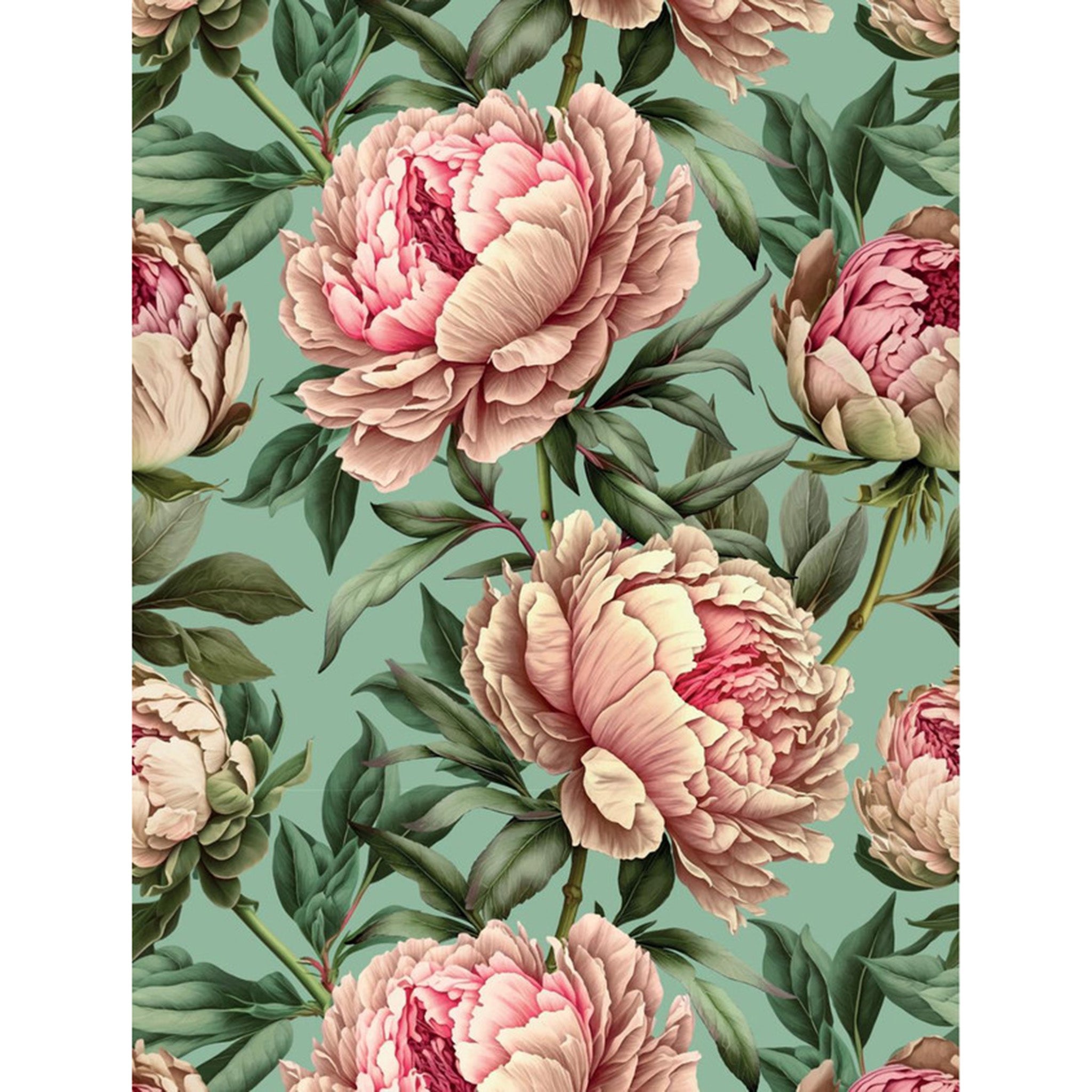 Rice paper featuring a teal green backdrop and bold pink peonies bursting open. White borders are on the sides.