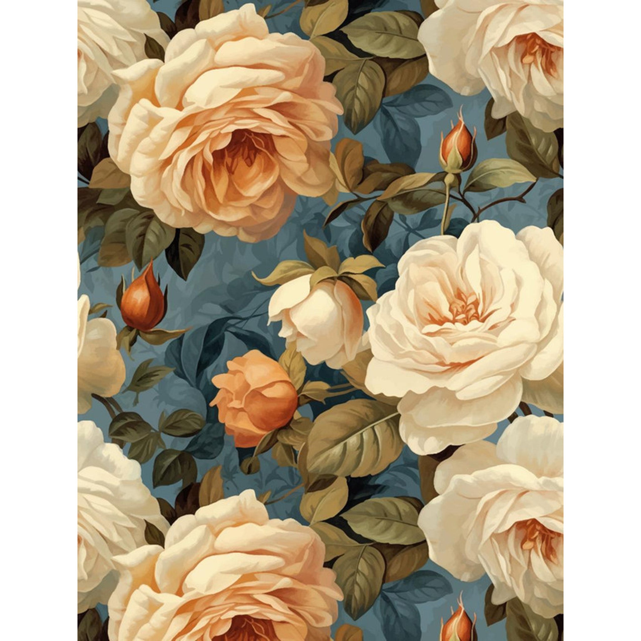 Rice paper featuring a blue background adorned with delicate cream and peach roses. White borders are on the sides.